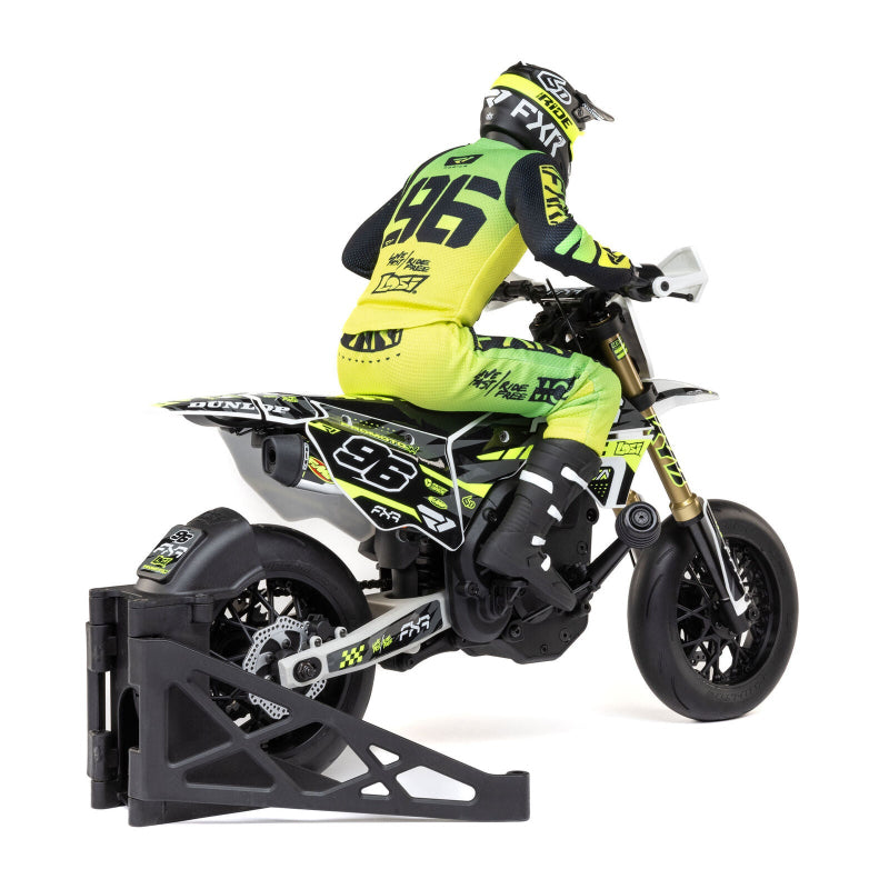 White Losi 1/4 Promoto-SM FXR supermoto motorcycle RTR with detailed body and large tires, ready for high-speed riding.