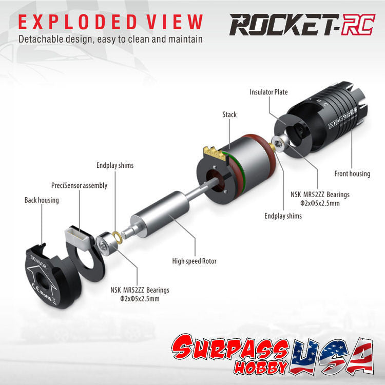 Surpass Hobby Mini 1525 3500KV brushless sensored motor for RC cars, shown with wires and mounting hardware.