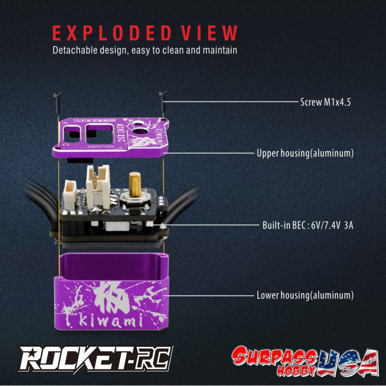 Surpass Hobby Rocket-RC Kiwami Pro V2 Mini 24 30A sensored ESC for RC car, shown in close-up with wiring and circuit board.