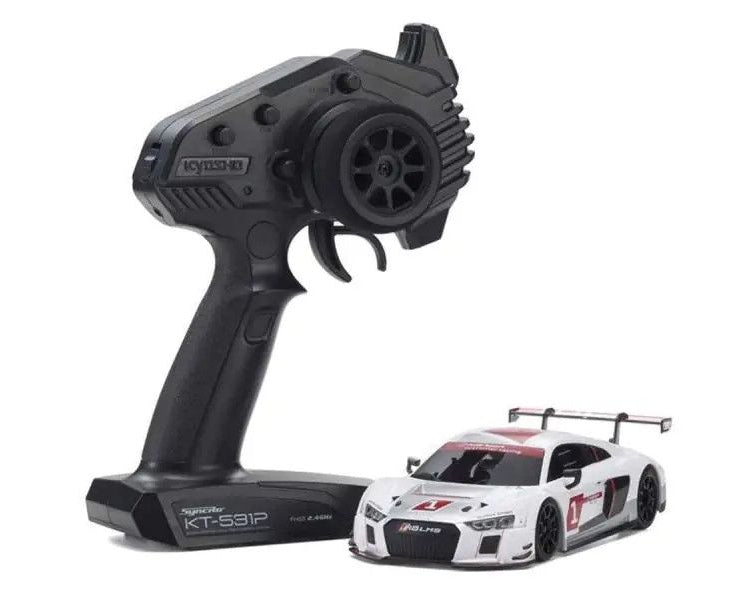 Kyosho Mini-Z RWD MR-04 Audi R8 LMS 2015 RC car in white, detailed model with realistic design and vibrant color.