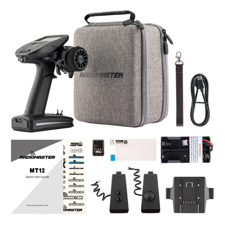 RadioMaster MT12 Surface Radio Controller with ergonomic grips, multiple switches, and a digital display for precise remote control.