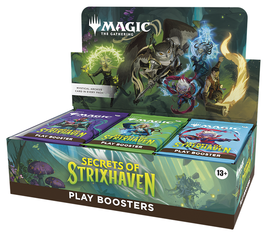 MTG Secrets of Strixhaven Play Booster Box by Wizards of the Coast, featuring colorful booster packs and Strixhaven-themed artwork.