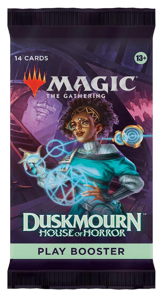 MTG Duskmourn House of Horror Play Booster Pack by Wizards of the Coast featuring Magic: The Gathering cards in a sealed booster pack.