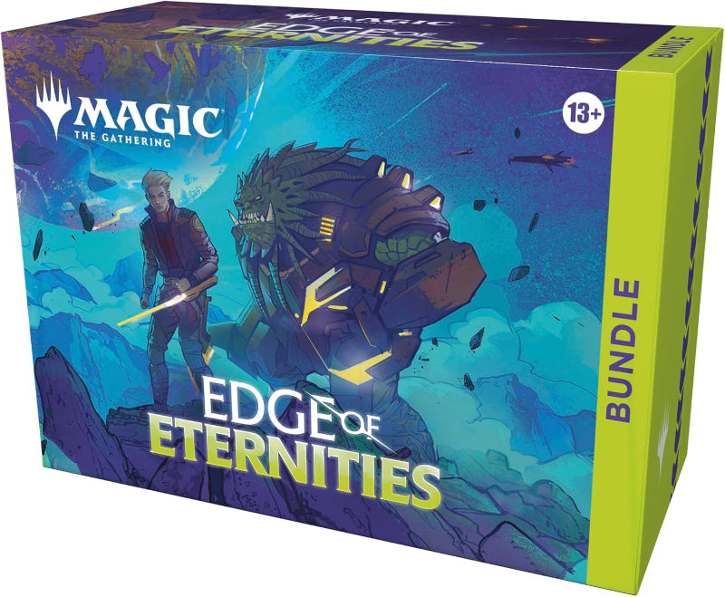 Magic: The Gathering Edge of Eternities Bundle featuring colorful cards and game accessories by Wizards of the Coast.