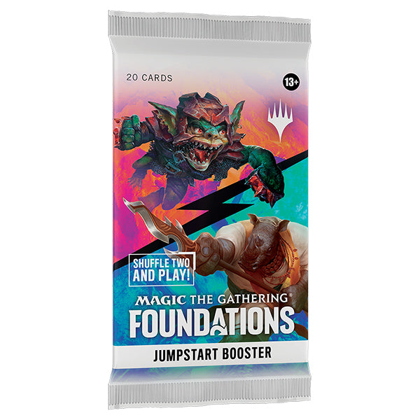 MTG Foundations Jumpstart Booster Pack by Wizards of the Coast with colorful cards spread out.