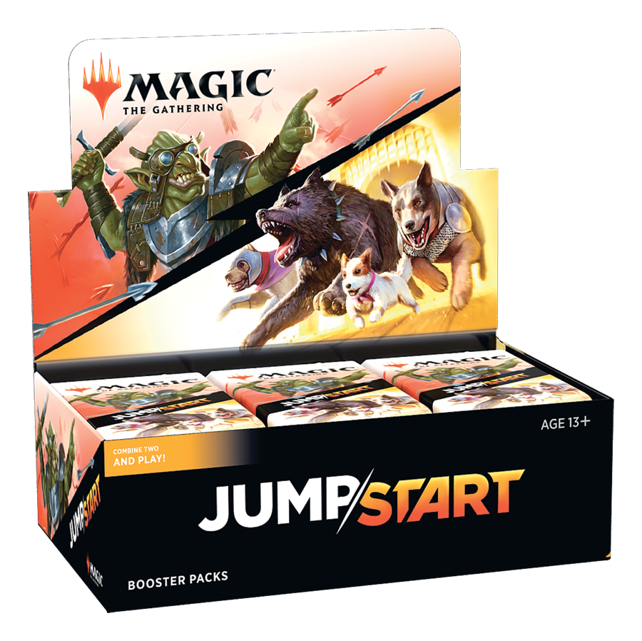 MTG Jumpstart Booster Box by Wizards of the Coast featuring colorful card packs in vibrant packaging.