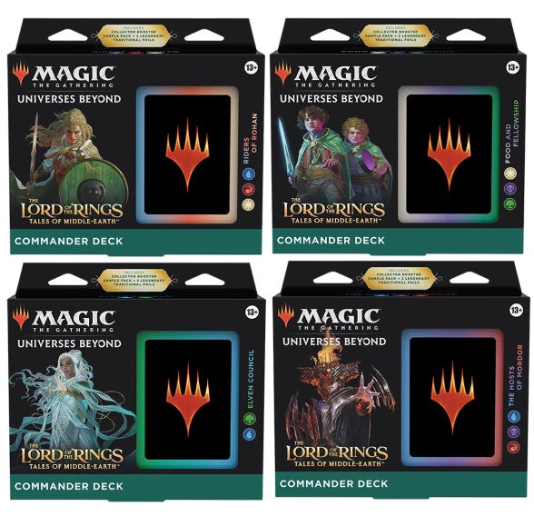 MTG Lord of the Rings Tales of Middle-Earth Commander Deck by Wizards of the Coast featuring fantasy-themed cards and artwork.