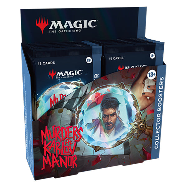 MTG Murders at Karlov Manor collector booster box by Wizards of the Coast, featuring fantasy-themed cards in a sealed booster box.