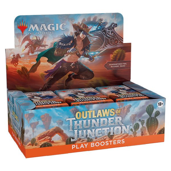 MTG Outlaws of Thunder Junction Play Booster box by Wizards of the Coast featuring colorful card artwork and booster packs.