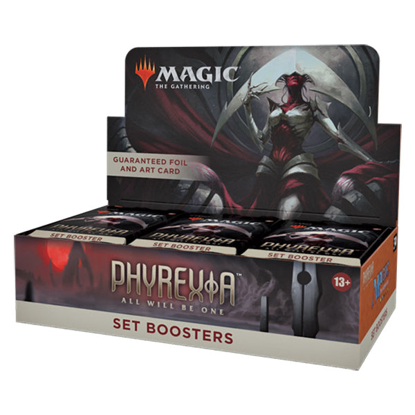 MTG Phyrexia All Will Be One Set Booster Box by Wizards of the Coast, featuring colorful artwork and booster pack design.