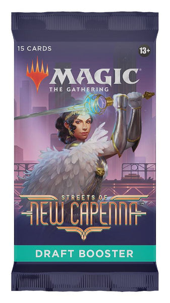 MTG Streets of New Capenna Draft Booster Pack by Wizards of the Coast featuring colorful card artwork in a sealed booster pack.
