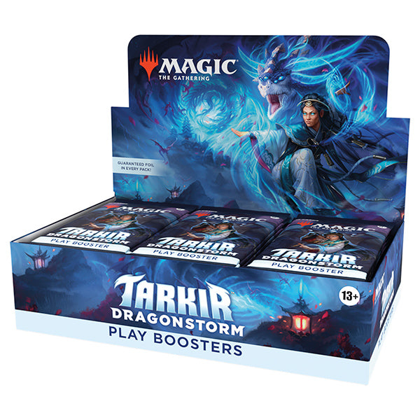 MTG Tarkir Dragonstorm booster box by Wizards of the Coast with colorful artwork and sealed booster packs inside.