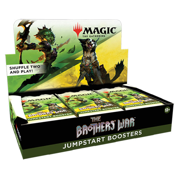 MTG The Brothers War Jumpstart Booster Box by Wizards of the Coast featuring colorful card packaging and artwork.