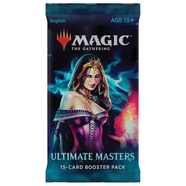 MTG Ultimate Masters booster pack by Wizards of the Coast showing colorful Magic: The Gathering trading card pack.