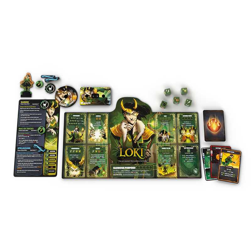 Loki character figure from Roxley's Marvel Dice Throne 4-Hero Box featuring Scarlet Witch, Thor, and Spider-Man.