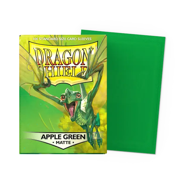 Dragon Shield matte apple green standard card sleeves, durable card supplies for protecting and organizing trading cards.