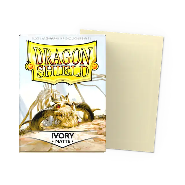 Matte ivory Dragon Shield standard card sleeves for protective card gaming, showing smooth, matte finish and transparent design.