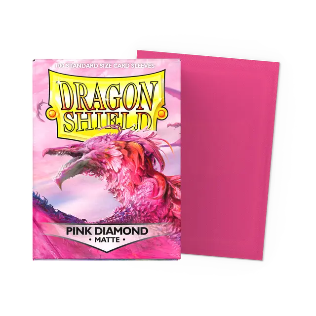 Dragon Shield matte pink diamond standard card sleeves, durable plastic gaming sleeves with a vibrant pink finish.