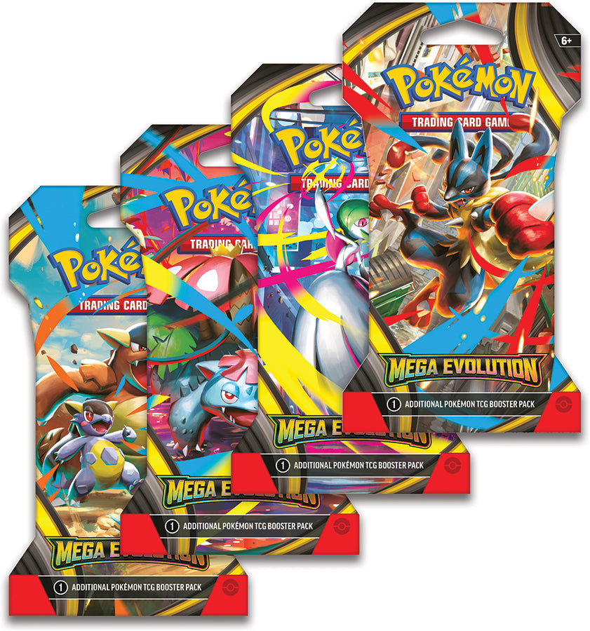 Pokemon Mega Evolution Sleeved Booster Pack from Pokémon TCG featuring colorful booster pack with Pokémon branding and artwork.