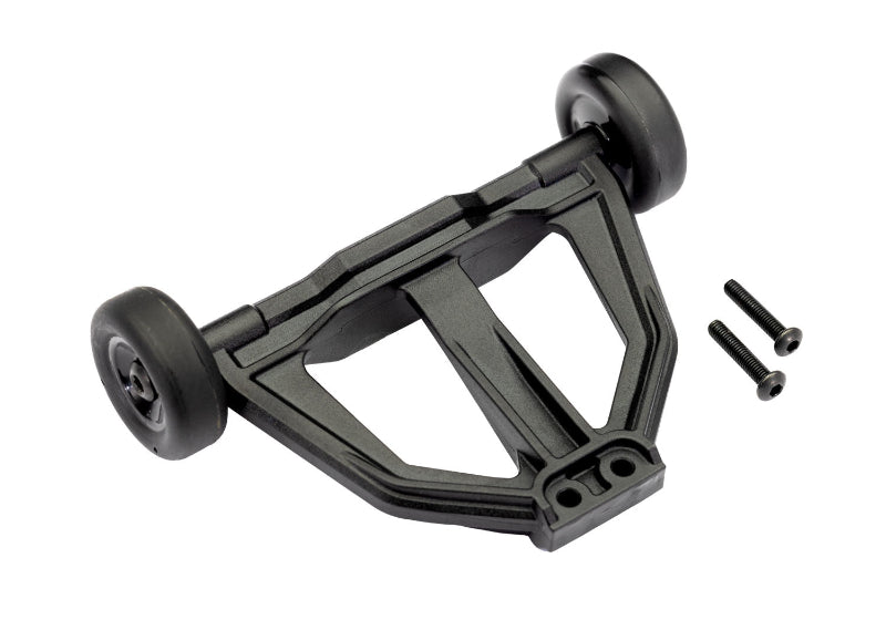 Traxxas black wheelie bar for RC cars, durable plastic construction, mounted on a mini RC vehicle for stability during wheelies.
