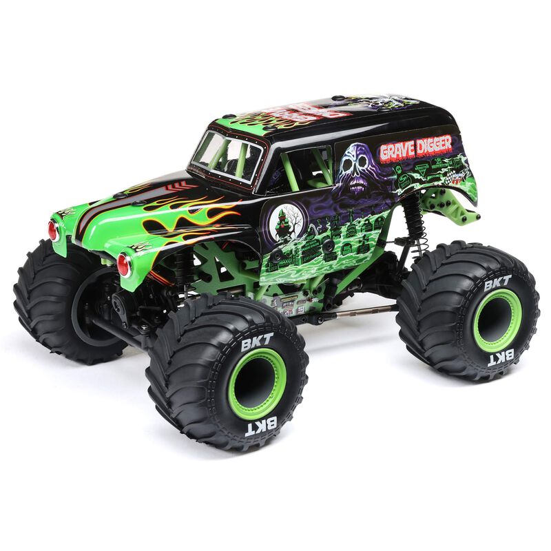 Losi 1/18 Mini LMT Grave Digger 2S 4X4 RTR brushed monster truck with detailed Grave Digger design and rugged tires.
