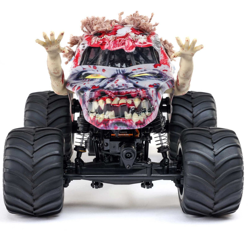 Losi 1/18 Mini LMT Zombie 2S 4x4 brushed monster truck, showing rugged design and detailed body in a dynamic angle.