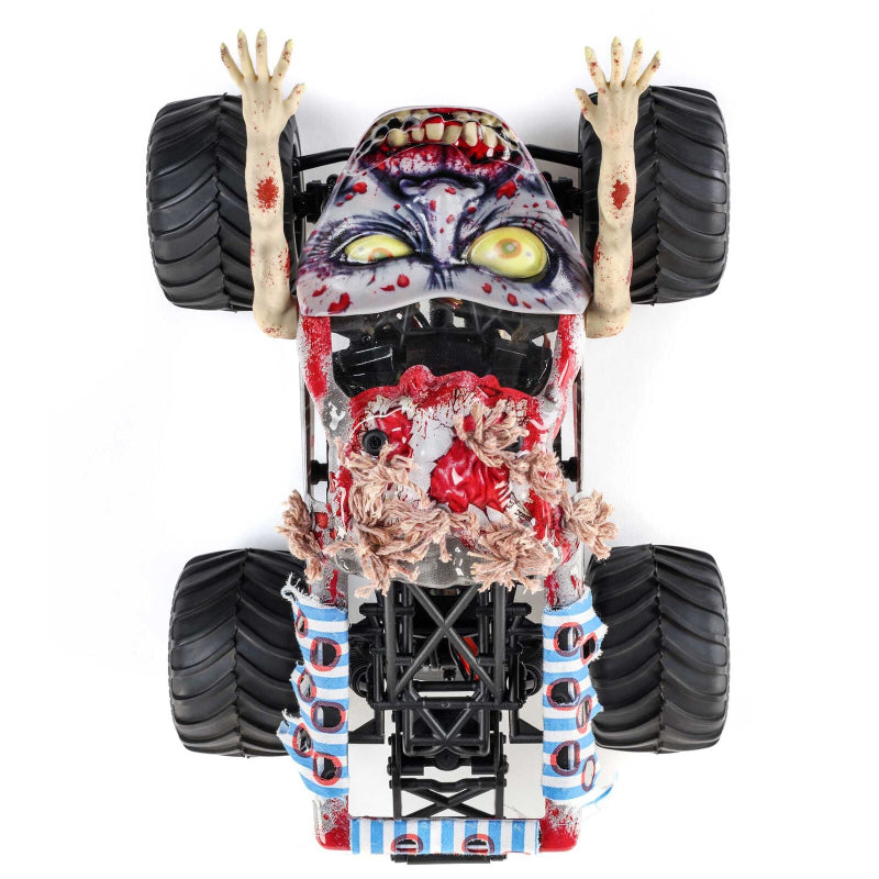 Losi 1/18 Mini LMT Zombie 2S 4X4 brushed monster truck showing its rugged exterior and off-road tires.