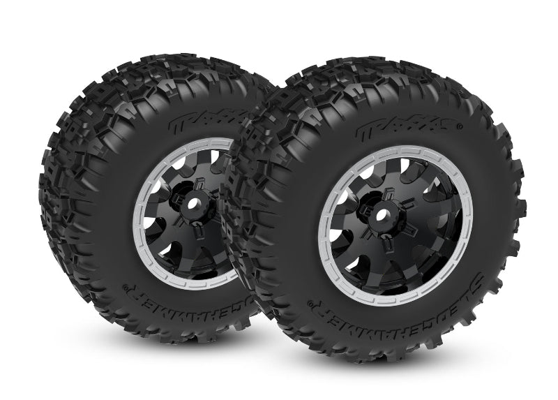 Traxxas Mini Maxx and XRT 4-inch front wheels with tires, designed for remote control off-road trucks.