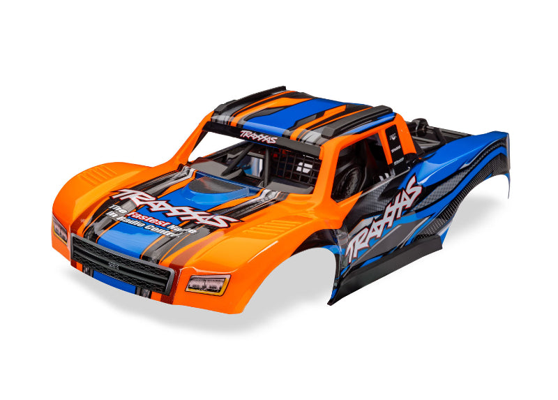 Orange Traxxas Mini Slash 4X4 RC car body with detailed design, showcasing the durable plastic shell and vibrant finish.