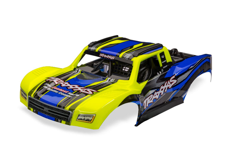 Yellow Traxxas Mini Slash 4X4 RC car body with detailed design and branding, designed for off-road remote control vehicle customization.