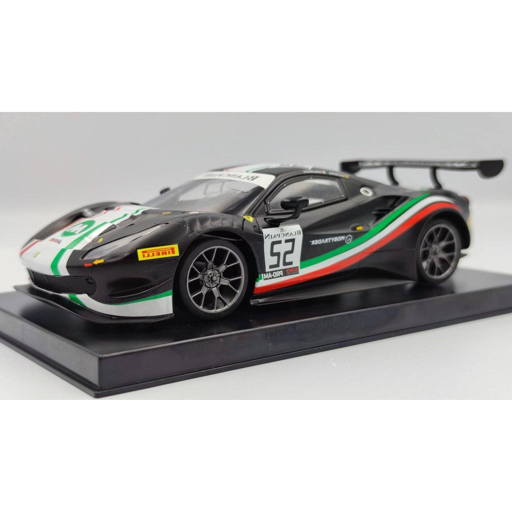 Close-up of the GL Racing Mobytrader Ferrari 488 GT3 98mm body shell for 1/28 scale model racing cars.