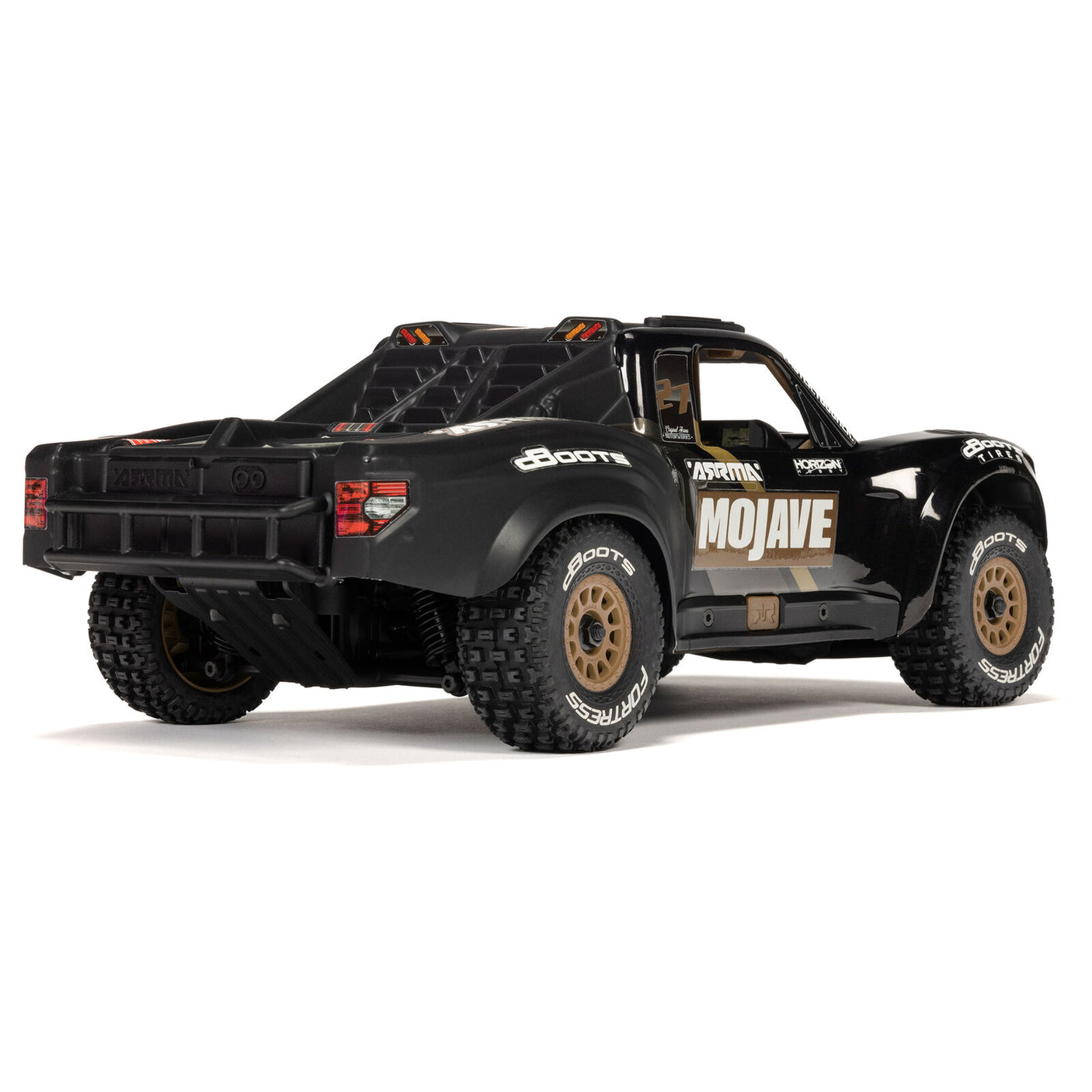 ARRMA 1/16 Mojave GROM 223S DSC 4x4 RTR brushless desert truck in black, showing the detailed exterior and rugged off-road tires.