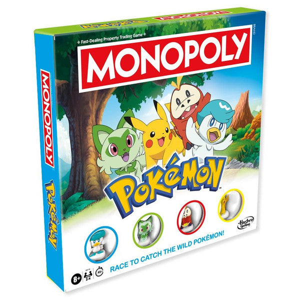 Hasbro Monopoly Pokémon board game with Pokémon-themed tokens and colorful game board featuring Pokémon characters.