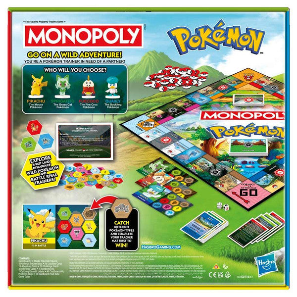 Hasbro Monopoly Pokémon board game with Pokémon-themed game pieces and colorful Pokémon illustrations on the box.