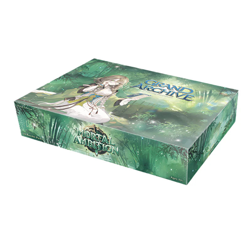 Weebs of the Shore Grand Archive TCG Mortal Ambition 1st Edition Booster box with colorful artwork and card packaging.