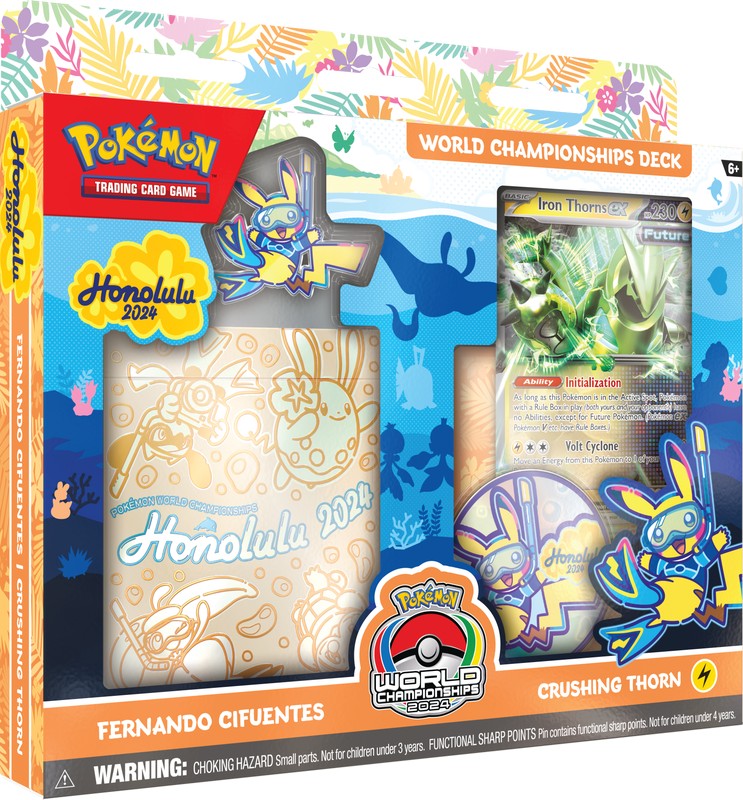 Pokémon TCG 2024 World Championships Deck featuring vibrant Pokémon cards and game accessories on a playmat.
