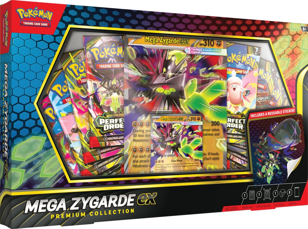 Pokémon TCG Mega Zygarde ex Premium Collection box with Pokémon cards and artwork featuring Mega Zygarde ex.