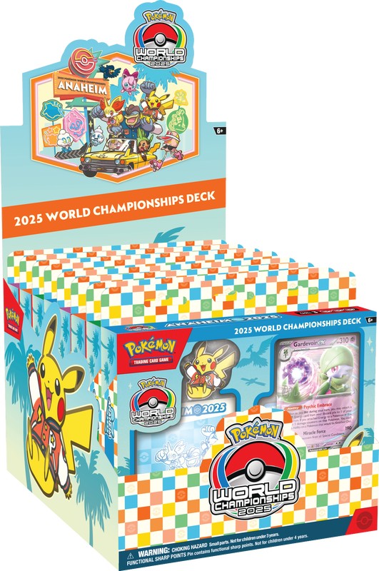 Pokemon 2025 World Championships Deck with colorful booster pack artwork and game cards displayed.