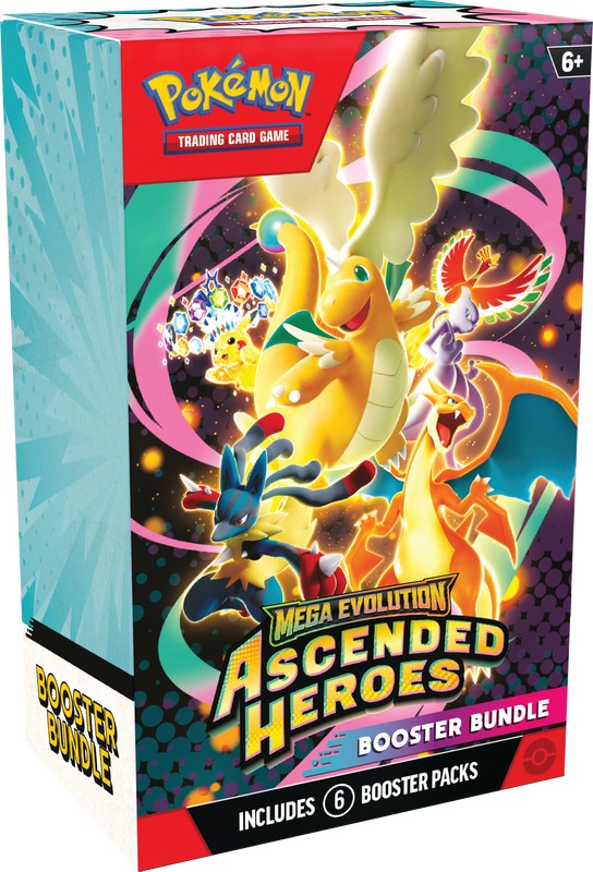 Pokemon Ascended Heroes Booster Bundle featuring multiple booster packs with colorful artwork and collectible card game designs.