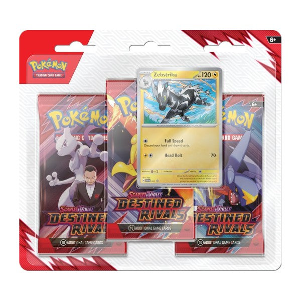 Pokémon TCG Destined Rivals 3-Pack Blister with booster cards and packaging featuring Pokémon characters for trading card game.