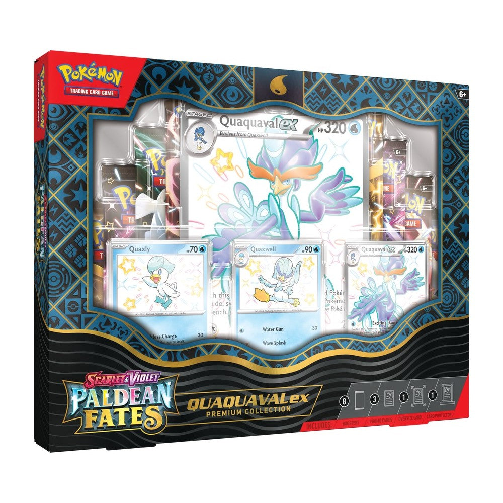 Pokémon TCG Paldean Fates ex Premium Collection box featuring Pokémon cards, artwork, and collectible accessories.