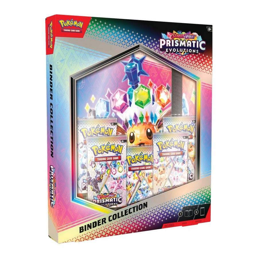 Pokemon: Prismatic Evolutions Binder Collection for Pokémon TCG, featuring a colorful binder with Pokémon cards and artwork.