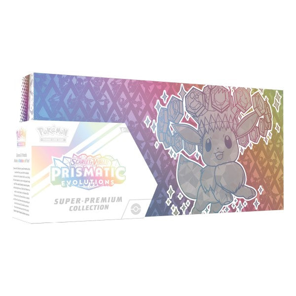 Pokemon Prismatic Evolutions Super-Premium Collection box featuring Pokémon TCG cards and artwork, includes collectible cards and accessories.