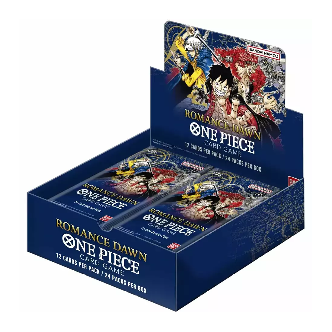 Bandai One Piece TCG Romance Dawn Booster Box with colorful collectible trading cards, featuring characters from the One Piece series.
