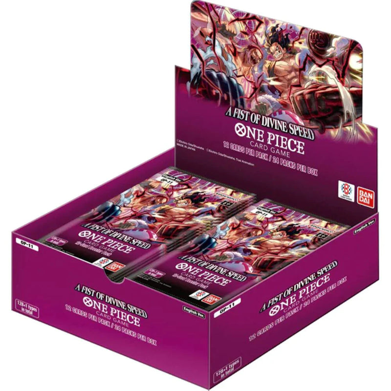 Bandai One Piece TCG A Fist of Divine Speed booster box with colorful packaging and collectible card images.