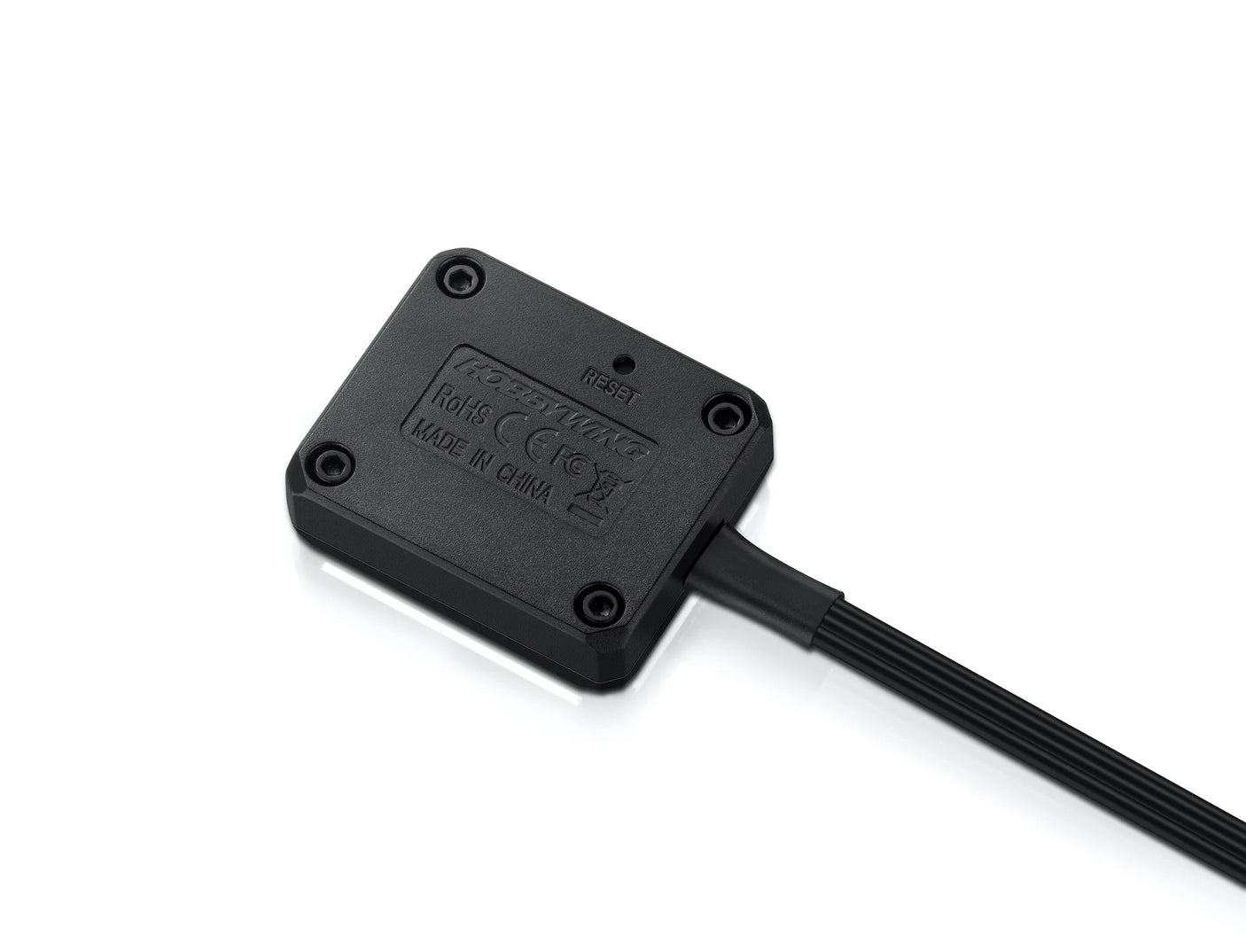 Hobbywing RC car OTA programmer device showing front and back views for remote control programming.