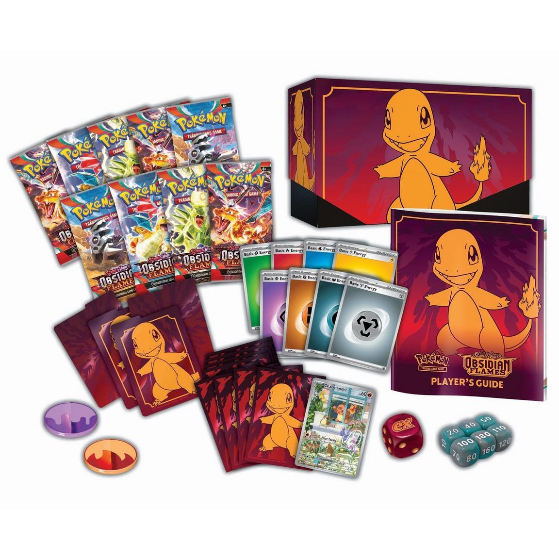 Pokémon Obsidian Flames Elite Trainer Box for Pokémon TCG, featuring booster packs, card sleeves, and accessories.