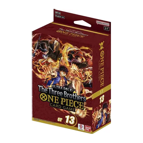 Bandai One Piece TCG The Three Brothers Ultra Deck featuring colorful cards and character artwork from the popular anime series.