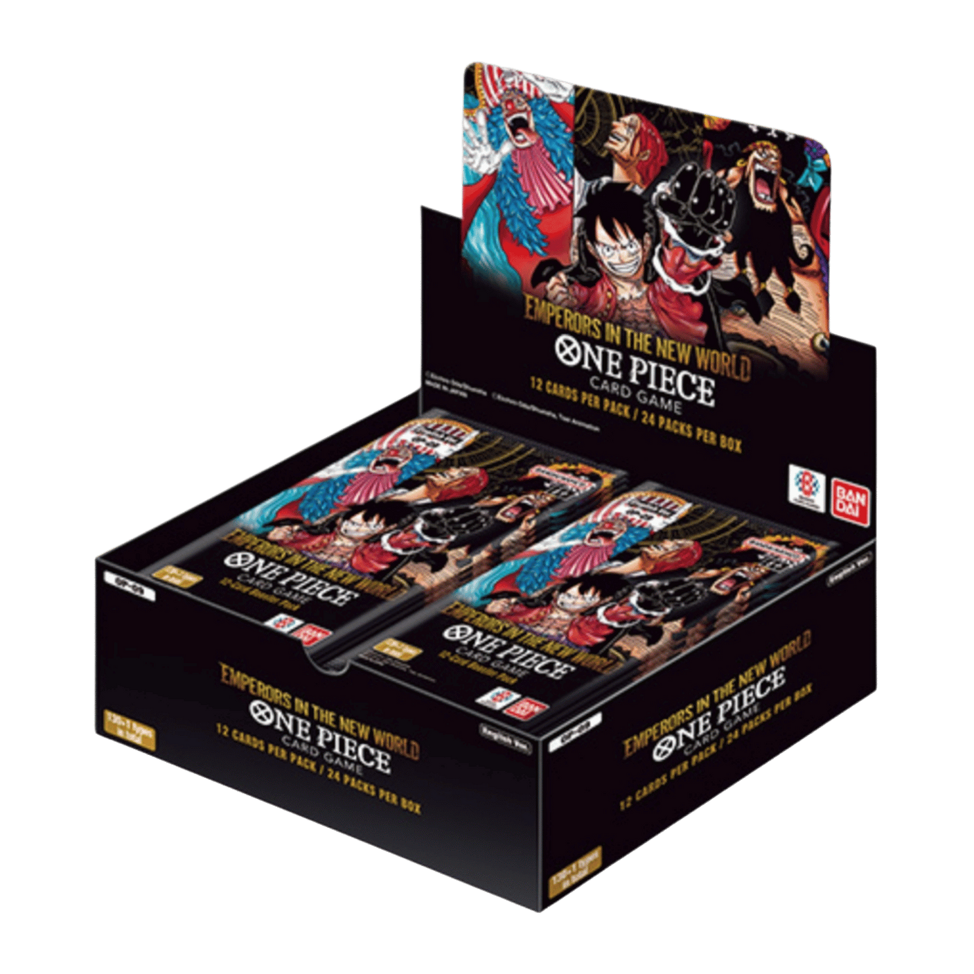 Bandai One Piece TCG Four Emperors Booster Box OP-09 with colorful card packs and packaging display.