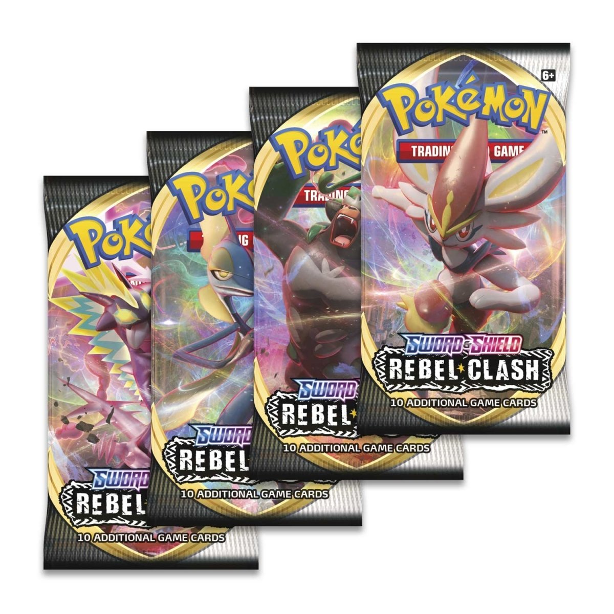 Pokémon TCG Rebel Clash Booster Pack featuring colorful artwork and various Pokémon cards on the packaging.